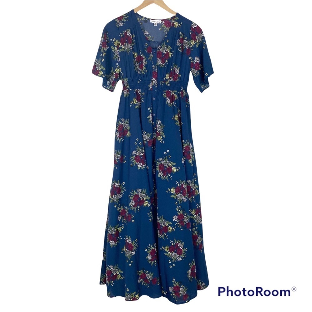 WREN & IVORY Blue Floral Short Sleeve Button-Front Maxi Dress Size Small - Picture 2 of 10